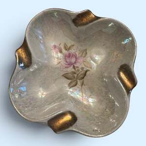 Handpainted 3" Porcelain Square Ashtray White w/ Pink Roses & Gold Made in Japan